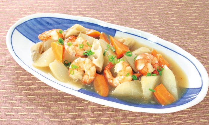 たっぷり根菜とえびのとろみ煮