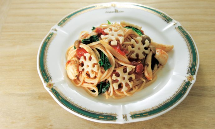 れんこんで簡単デコ！雪降るパスタ