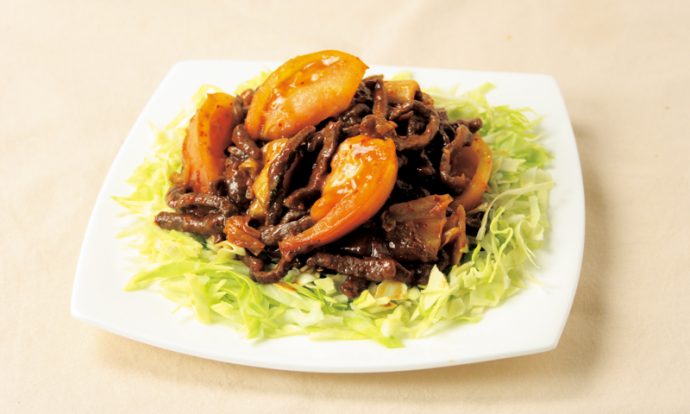 牛肉とトマトのキムチ入りめんつゆ炒め