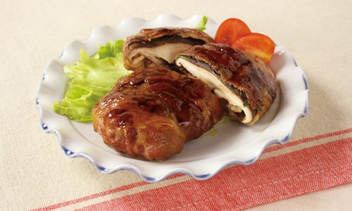 肉巻きしいたけの梅しそ照り焼き