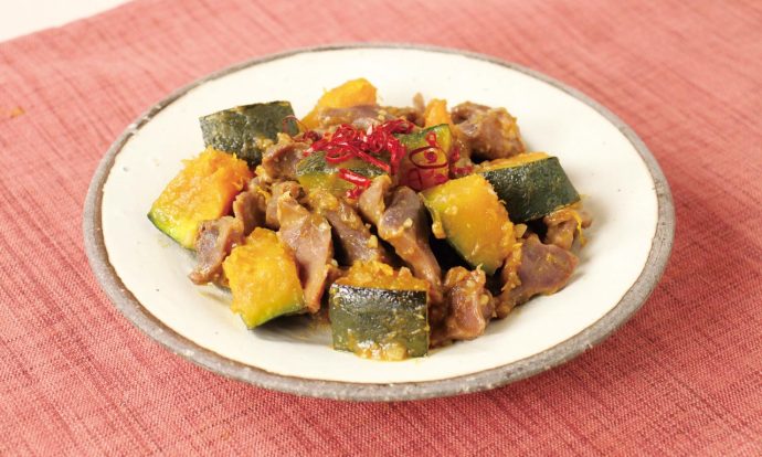 かぼちゃと砂肝のにんにくみそ炒め