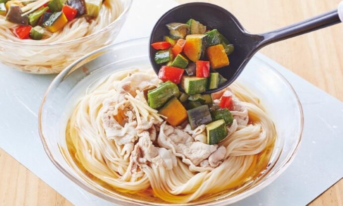 冷しゃぶと夏野菜の揚げ浸しで！ごちそうそうめん